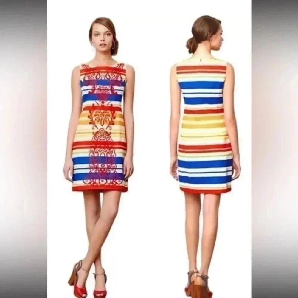 Anthropologie | Tabitha | Striped Sleeveless Cotton Embroidered Dress Size 8